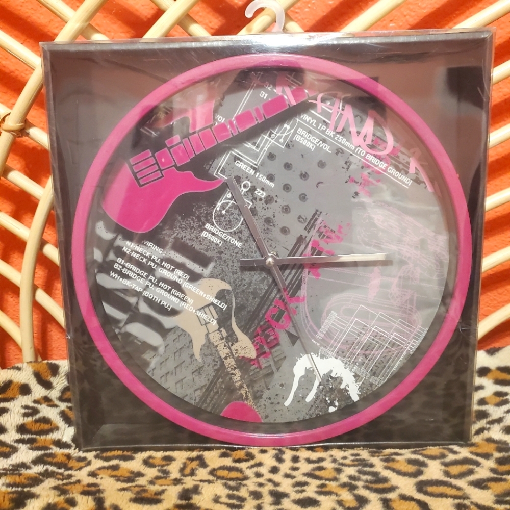 NWT Student Lounge Wall Clock Magenta with gray, lt pink & black Guitar design